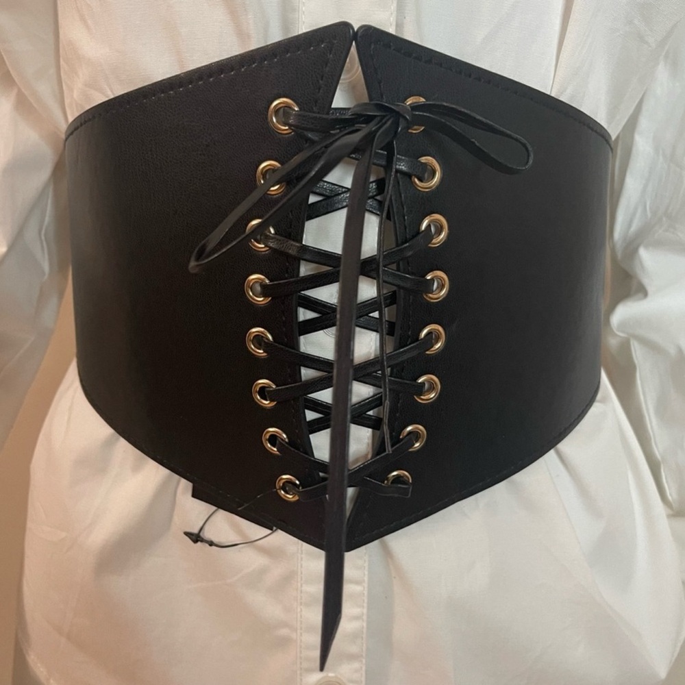 Plus size black PU leather lace up elastic waistband corset belt